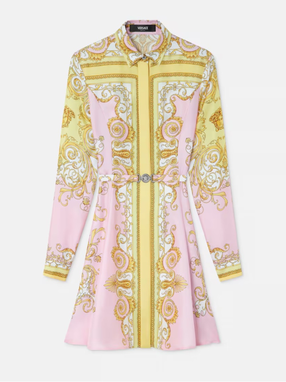 Versace Barocco Medusa Printed Silk Twill Mini Shirt Dress in Pink / Yellow